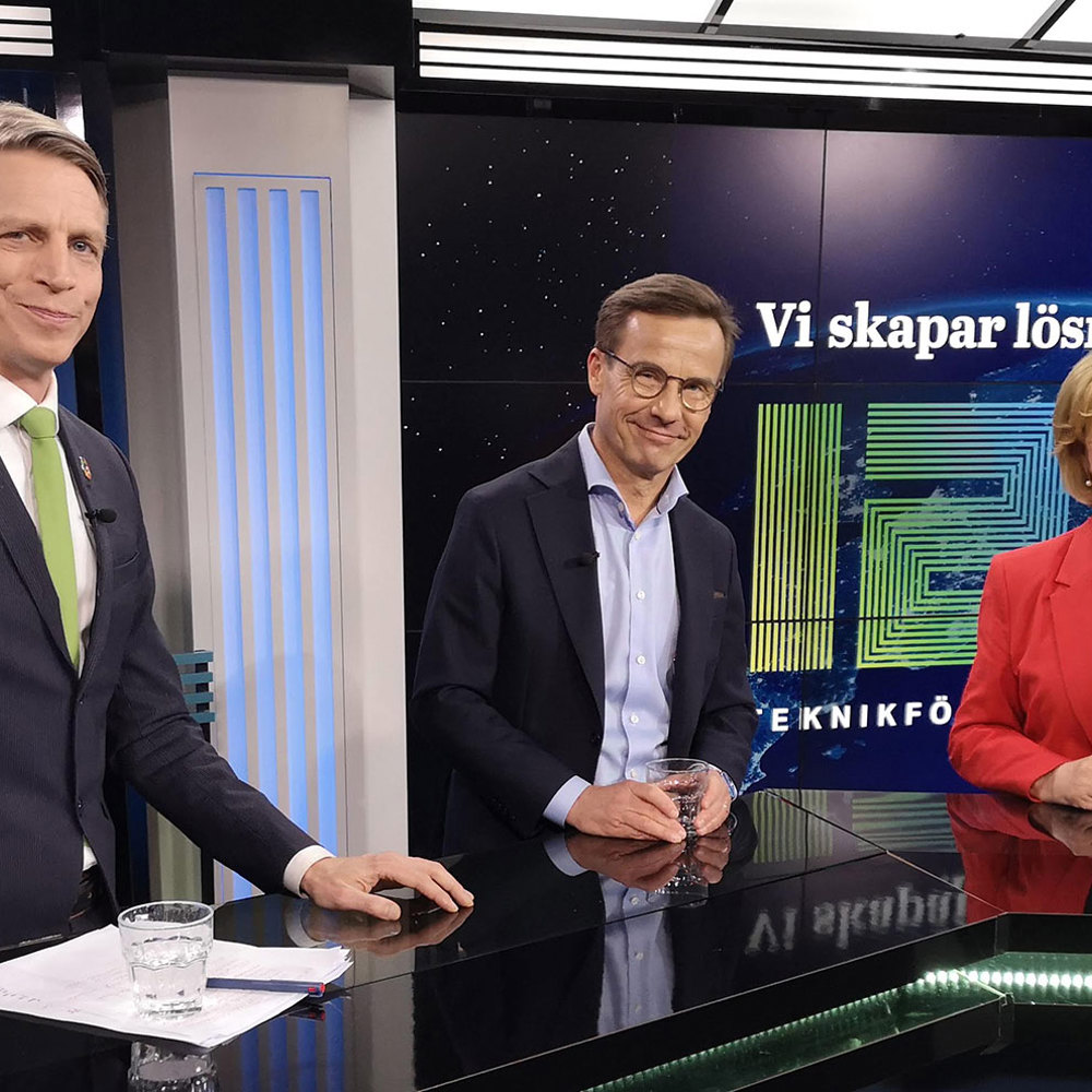 Per Bolund (MP), Ulf Kristersson (M) och programledare Marianne Rundström.